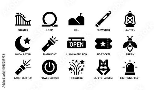 Amusement park icons: coaster, lantern, fireworks, flashlight, glowstick, firefly
