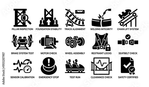 Industrial safety and maintenance icons: pillar inspection to safety certification