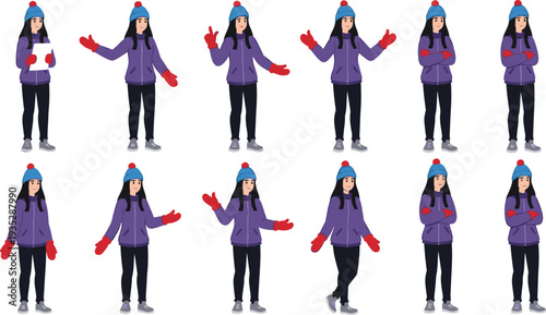 Cute cartoon winter girl character set showing multiple standing poses and hand gestures wearing blue jacket, beanie and red gloves flat vector illustration