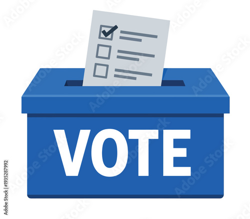 Graphic illustration of a ballot box depicting a vote being cast for an election