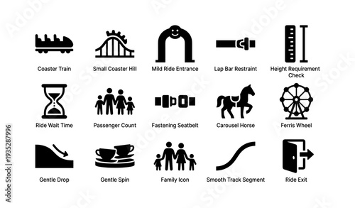 Amusement park ride icons set featuring coaster train and ferris wheel