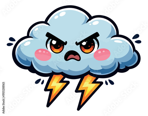 Cartoon illustration of an angry storm cloud depicting lightning bolts for bad weather warnings