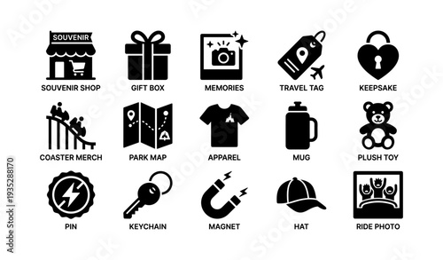 Souvenir icons collection featuring gifts, apparel, mugs, and keepsakes