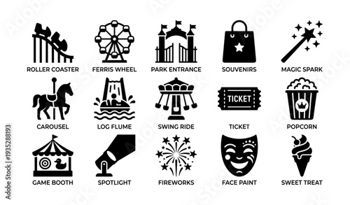 Amusement park icon set with attractions and entertainment elements