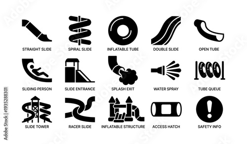 Water park slide icons: spiral, inflatable, double, safety, person sliding