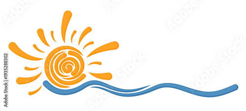 Sunrise stylized symbol with blue sea.
