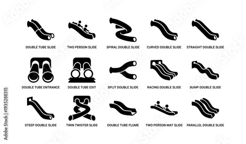 Variety of water slides: double, spiral, curved, and more