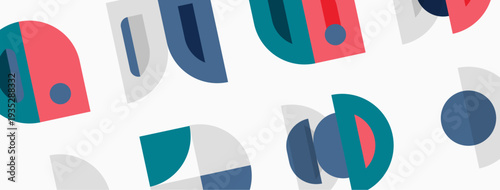 Abstract geometric shapes overlap, creating colorful pattern. Soft hues blend with bolder tones, offering modern aesthetic.