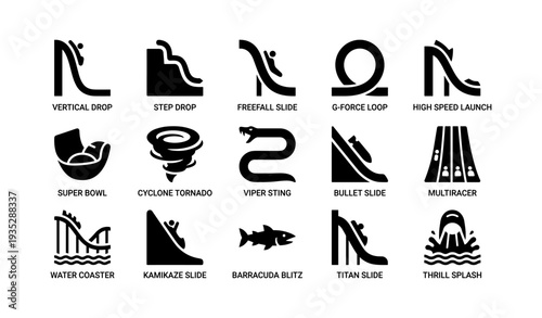 Icons of various water slides featuring vertical drop, kamikaze, and cyclone tornado designs
