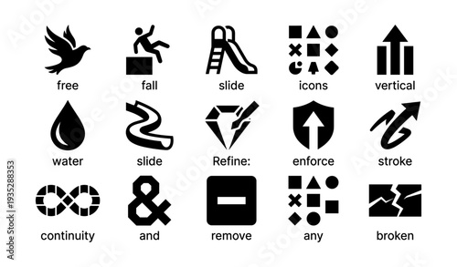 Collection of various black icons including bird, slide, water drop, and broken symbol