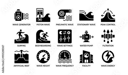 Wave technology and water sports icons: generator, surfing, filtration, energy, facility