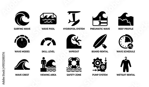 Icon set featuring surfing elements and equipment for wave pools and safety