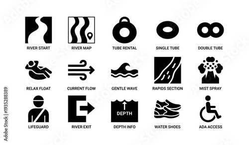 River adventure symbols: map, tubing, rapids, safety, accessibility