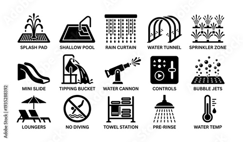 Water park features: splash pad, shallow pool, rain curtain, water tunnel, sprinkler zone