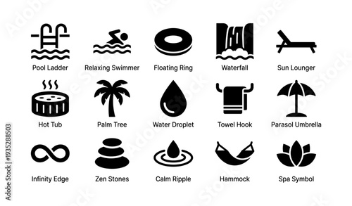 Collection of poolside icons: relaxation, swimming, and spa elements