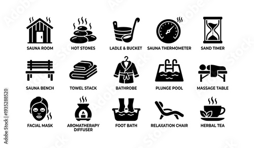 Spa icons set: sauna room, hot stones, bathrobe, plunge pool, relaxation chair