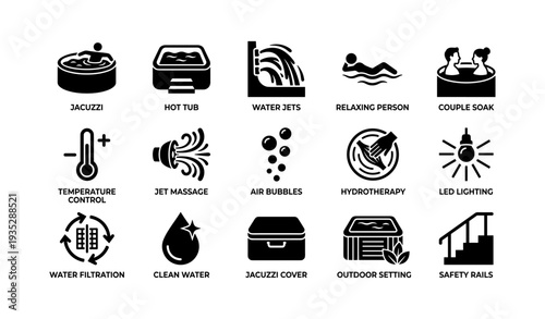 Spa icons: jacuzzi, hot tub, and relaxation features in black and white