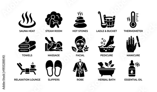 Spa icons set: relaxation activities and tools for pampering and wellness