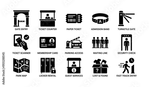 Amusement park icons: tickets, security, entry, services, navigation