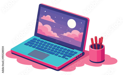 Isometric illustration of a laptop setup depicting a night sky on the screen for digital creativity and work