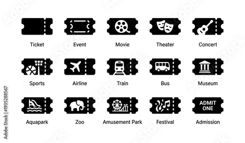 Set of black ticket icons for events and transportation