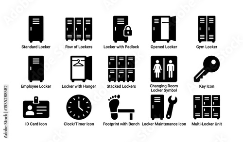Locker and icon set: standard, row, padlock, employee, gym, changing room, key, id, clock, footprint, maintenance