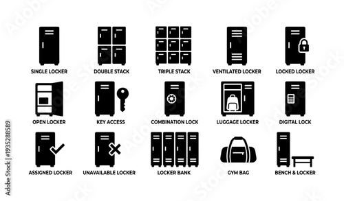 Various locker icons including single, double, ventilated, locked, and open options