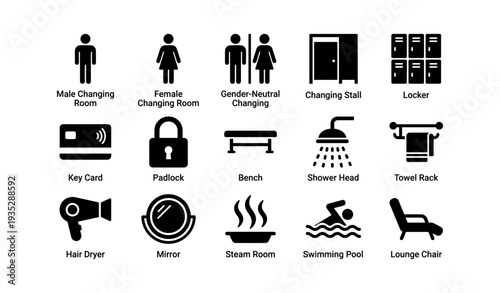 Icons representing changing rooms and amenities including locker and shower facilities