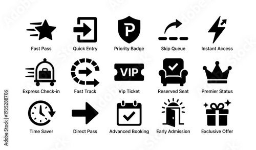 Icon set for fast pass, quick entry, and vip access services