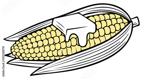 Delicious Sweet Corn Cob with Melting Butter Ready to Eat Appetizing Meal Vector Illustration