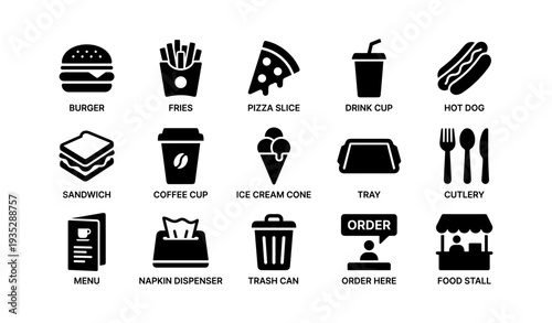 Fast food icons set: burger, fries, pizza slice, and more food elements