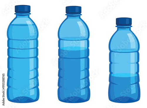 Cartoon water bottles set featuring different levels of water for hydration