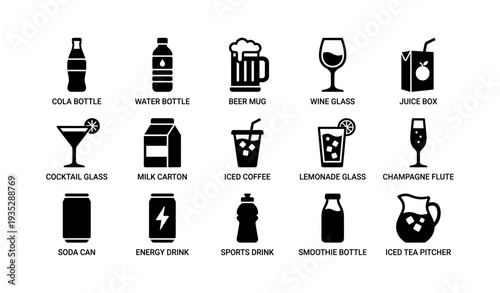 Variety of beverage containers in black and white icons