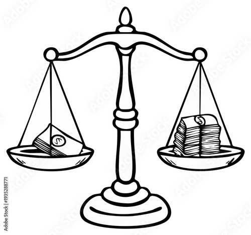 Illustration of a balance scale weighing stacks of money, representing financial decisions and economic balance.