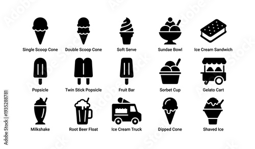 Icon set of various ice cream types and desserts