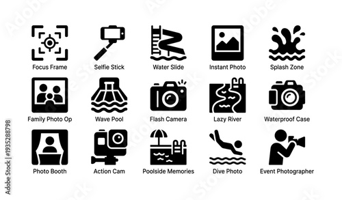 Collection of poolside and photography-themed icons in black and white