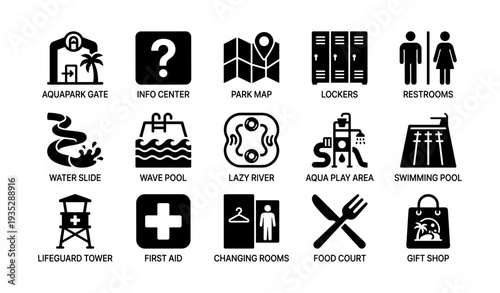 Aquapark icon set featuring info center, water slide, lockers, first aid, food court