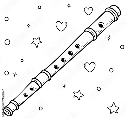 Illustration of a flute musical instrument with whimsical stars and hearts decoration