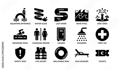 Aquapark icons: entrance, water slide, wave pool, kids' area, safety symbols