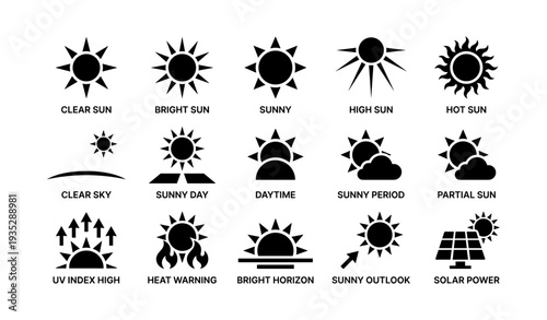 Sun icons collection: weather and solar power symbols set