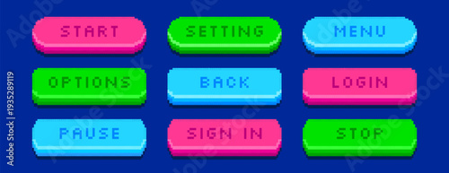 Colorful pixel art 8bit start, pause, back and sign in buttons vector set . Pixelated video game icons, text box frames, interface menu elements in retro style. Arcade ui graphic symbols on background