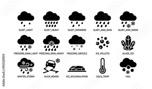 Weather icons: rain, snow, sleet, ice, cold weather conditions symbols
