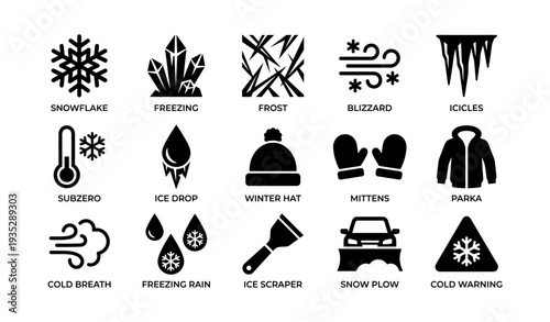 Winter symbols set: snowflake, blizzard, mittens, snow plow, ice scraper, icicles