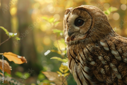 Tawny owl resting amidst vibrant autumn foliage