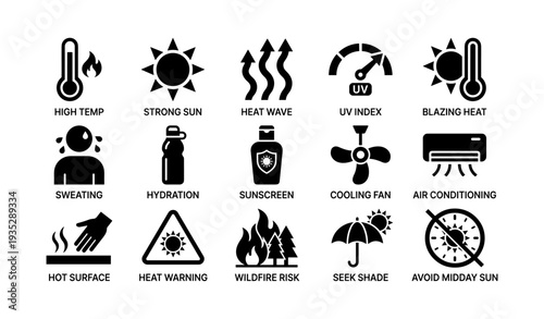 Weather safety icons: heat and uv protection illustrations for high temperature conditions