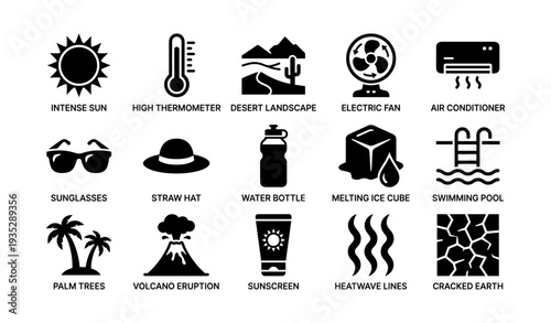 Summer icons: sun, thermometer, fan, air conditioner, sunglasses, pool, palm trees, volcano