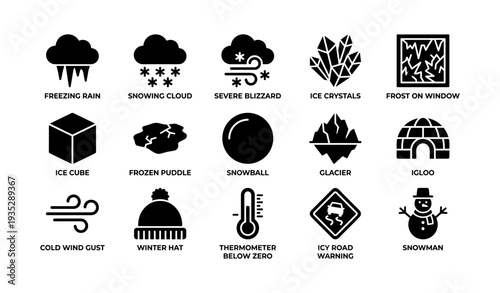Winter weather icons collection: freezing rain, snow, wind, and more