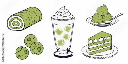 Assortment of Hand Drawn Matcha Desserts and Drinks Including Cake Ice Cream Cookies and Rolled Cake