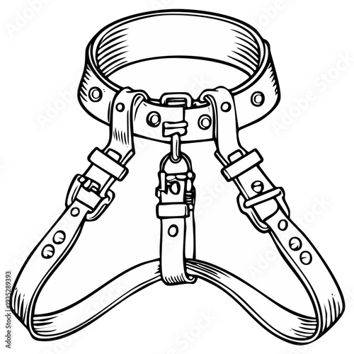 Hand-drawn illustration of a leather dog harness with buckles and D-ring