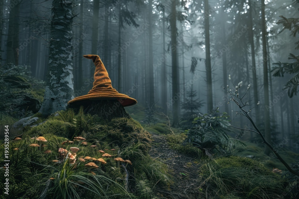 Fototapeta premium Orange witch hat sits on a mossy tree stump in a mysterious, misty forest, creating a magical and enchanting atmosphere